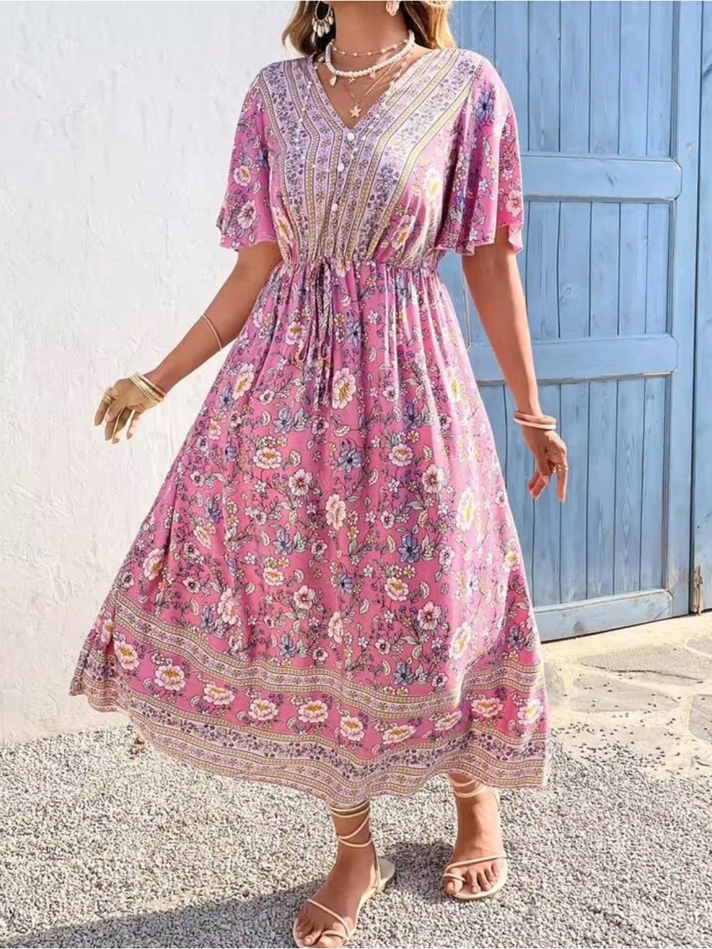 Boho Floral V-Neck Maxi Dress in Pink